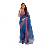 Blue linen-cotton printed ready-to-wear saree with unstitched blouse (5.5mtr)