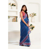 Women's Linen Cotton Printed Ready To Wear Saree With Unstitched Blouse 5.5 Mtr (Blue)