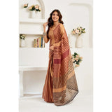 Women's Linen Cotton Printed Ready To Wear Saree With Unstitched Blouse 5.5 Mtr (Brown)