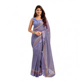 Light lavender linen-cotton printed ready-to-wear saree with unstitched blouse, 5.5 mtr length for women's traditional Indian fashion