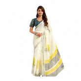 Off-white linen cotton printed ready-to-wear saree with unstitched blouse, vibrant floral pattern