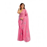 Pink linen-cotton printed ready-to-wear saree with unstitched blouse (5.5mtr), vintage Indian fashion accessory