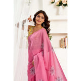 Women's Linen Cotton Printed Ready To Wear Saree With Unstitched Blouse 5.5 Mtr (Pink)