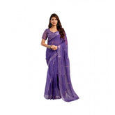 Purple linen-cotton printed ready-to-wear saree with unstitched blouse (5.5 mtr)