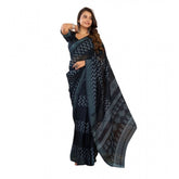 Black linen cotton printed ready-to-wear saree with unstitched blouse (5.5mtr) - traditional Indian attire for women