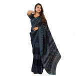 Women's Linen Cotton Printed Ready To Wear Saree With Unstitched Blouse 5.5 Mtr (Black)