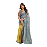 Grey linen-cotton printed ready-to-wear saree with unstitched blouse (5.5mtr) - versatile fashion accessory for Indian women
