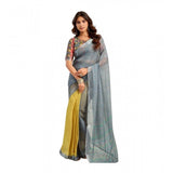 Women's Linen Cotton Printed Ready To Wear Saree With Unstitched Blouse 5.5 Mtr (Grey)