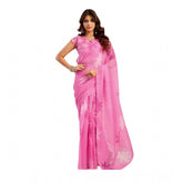 Light pink linen-cotton printed ready-to-wear saree with unstitched blouse, vibrant ethnic Indian fashion