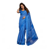 Blue linen cotton printed ready-to-wear saree with unstitched blouse (5.5mtr) - vintage Indian fashion accessory