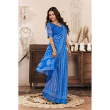 Women's Linen Cotton Printed Ready To Wear Saree With Unstitched Blouse 5.5 Mtr (Blue)