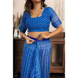Women's Linen Cotton Printed Ready To Wear Saree With Unstitched Blouse 5.5 Mtr (Blue)
