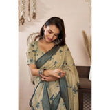 Women's Linen Cotton Printed Ready To Wear Saree With Unstitched Blouse 5.5 Mtr (Light_Beige)