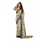 Light beige linen cotton printed ready-to-wear saree with unstitched blouse (5.5 mtr) - traditional Indian fashion accessory on mannequin