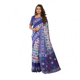 Blue linen cotton printed ready-to-wear saree with unstitched blouse (5.5 mtr) - vibrant, traditional Indian attire for women