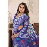 Women's Linen Cotton Printed Ready To Wear Saree With Unstitched Blouse 5.5 Mtr (Blue)
