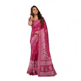 Pink linen cotton printed ready-to-wear saree with unstitched blouse (5.5 mtr), vibrant floral design for traditional Indian wear