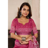 Women's Linen Cotton Printed Ready To Wear Saree With Unstitched Blouse 5.5 Mtr (Pink)