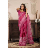 Women's Linen Cotton Printed Ready To Wear Saree With Unstitched Blouse 5.5 Mtr (Pink)