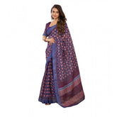 Dark navy blue linen-cotton printed ready-to-wear saree with unstitched blouse, 5.5 mtr for ethnic Indian fashion
