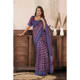 Women's Linen Cotton Printed Ready To Wear Saree With Unstitched Blouse 5.5 Mtr (Dark_Navy_Blue)