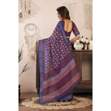 Women's Linen Cotton Printed Ready To Wear Saree With Unstitched Blouse 5.5 Mtr (Dark_Navy_Blue)