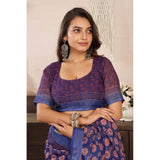 Women's Linen Cotton Printed Ready To Wear Saree With Unstitched Blouse 5.5 Mtr (Dark_Navy_Blue)