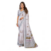 Off-white linen cotton printed ready-to-wear saree with unstitched blouse, vibrant floral design for traditional Indian wear