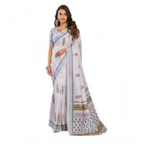 Women's Linen Cotton Printed Ready To Wear Saree With Unstitched Blouse 5.5 Mtr (Off_White)