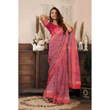 Women's Linen Cotton Printed Ready To Wear Saree With Unstitched Blouse 5.5 Mtr (Red)