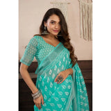 Women's Linen Cotton Printed Ready To Wear Saree With Unstitched Blouse 5.5 Mtr (Sea_Green)