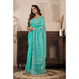 Women's Linen Cotton Printed Ready To Wear Saree With Unstitched Blouse 5.5 Mtr (Sea_Green)
