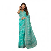 Sea-green linen cotton printed ready-to-wear saree with unstitched blouse (5.5 mtr) - vibrant Indian fashion wear on display