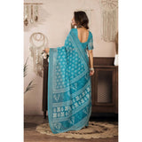 Women's Linen Cotton Printed Ready To Wear Saree With Unstitched Blouse 5.5 Mtr (Aqua_Blue)