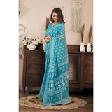 Women's Linen Cotton Printed Ready To Wear Saree With Unstitched Blouse 5.5 Mtr (Aqua_Blue)