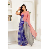 Women's Linen Cotton Printed Ready To Wear Saree With Unstitched Blouse 5.5 Mtr (Blue)