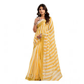 Light mustard linen cotton printed ready-to-wear saree with unstitched blouse (5.5 mtr) - vibrant Indian fashion accessory on mannequin