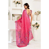 Women's Linen Cotton Printed Ready To Wear Saree With Unstitched Blouse 5.5 Mtr (Pink)