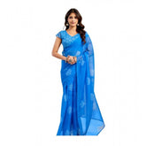 Royal Blue Linen-Cotton Printed Ready-To-Wear Saree with Unstitched Blouse, 5.5 Mtr