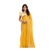 Yellow linen cotton printed ready-to-wear saree with unstitched blouse (5.5mtr)