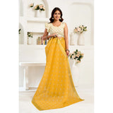 Women's Linen Cotton Printed Ready To Wear Saree With Unstitched Blouse 5.5 Mtr (Yellow)