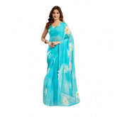 Aqua-blue linen cotton printed ready-to-wear saree with unstitched blouse (5.5 mtr)