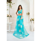 Women's Linen Cotton Printed Ready To Wear Saree With Unstitched Blouse 5.5 Mtr (Aqua_Blue)