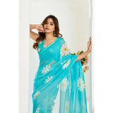 Women's Linen Cotton Printed Ready To Wear Saree With Unstitched Blouse 5.5 Mtr (Aqua_Blue)