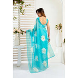 Women's Linen Cotton Printed Ready To Wear Saree With Unstitched Blouse 5.5 Mtr (Aqua_Blue)