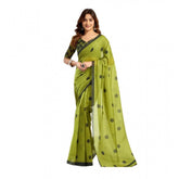 Green linen cotton printed ready-to-wear saree with unstitched blouse (5.5 mtr) - traditional Indian fashion accessory for women
