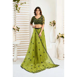 Women's Linen Cotton Printed Ready To Wear Saree With Unstitched Blouse 5.5 Mtr (Green)
