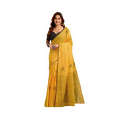 Yellow linen cotton printed ready-to-wear saree with unstitched blouse, 5.5 mtr length on mannequin