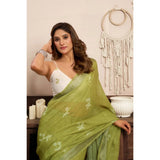 Women's Linen Cotton Printed Ready To Wear Saree With Unstitched Blouse 5.5 Mtr (Light_Green)
