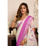 Women's Linen Cotton Printed Ready To Wear Saree With Unstitched Blouse 5.5 Mtr (Off_White)
